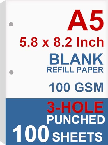 A5 Filler Paper, 3 Hole Planner Refills, Organizer, Binders, Total 100 Sheets/200 Pages, 100gsm, Blank, White Paper, 5.8 x 8.2 Inch, 3 Hole Filler Paper, Mini Binder Refills, Fit 3 Hole Binder Only - size: 100 Sheets