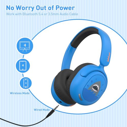Kids Bluetooth Headphones, Wireless Headphones for Kids, 75/85/94dB Volume Limited, Built-in Mic, Fast Charging, Over-Ear Shark Childrens Boys Teens Headset for School/Tablet/Pad/Travel - style: Shark