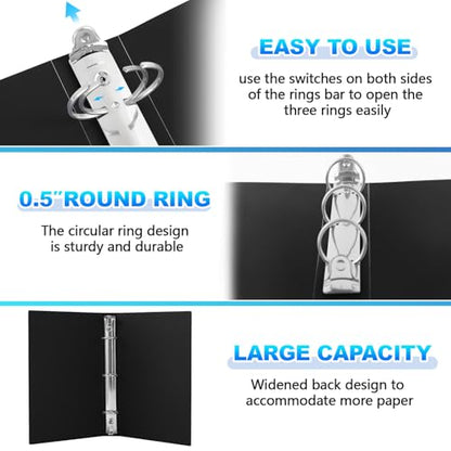 Henoyso 12 Pcs 0.5 Inch Mini 3 Ring Binders Fits 5.5" x 8.5" Paper, Holds(Capacity 140 Sheets), Plastic Flexible Three Round Rings Small Black A5 Binders Bulk for School, Office Use, Photo Album - color: Black, size: 0.5Inch