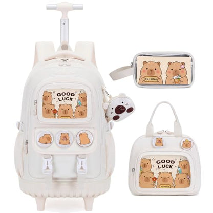 Capybara Rolling Backpack for Girls - 3PCS Girls Backpack Kids Suitcase with Lunch Box & Pencil Case Travel - Capybara Backpack with Wheels for Kindergarten Preschool Elementary (Beige) - color: Beige