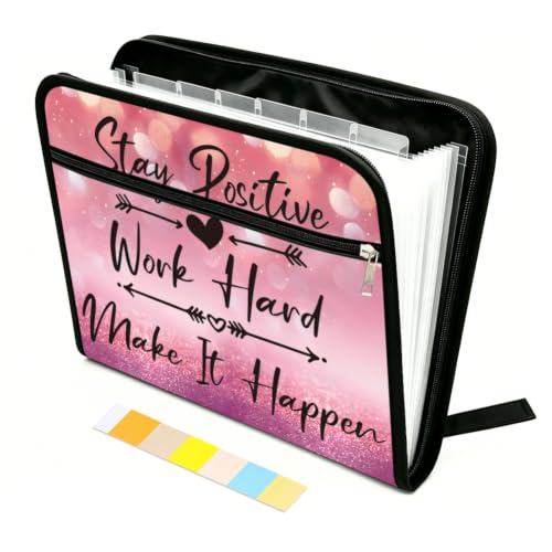 WEBEEDY 13 Pockets Pink Expanding File Folder Flashing Text Accordion File Organizer with Labels and Zipper, Portable Expandable File Folder Paperwork Organiser for A4 Paper Document Photo Receipt - color: Inspirational Quotes
