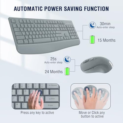 Wireless Keyboard and Mouse Combo, EDJO 2.4G Full-Sized Ergonomic Computer Keyboard with Wrist Rest and 3 Level DPI Adjustable Wireless Mouse for Windows, Mac OS Desktop/Laptop/PC(Grey) - color: Gray