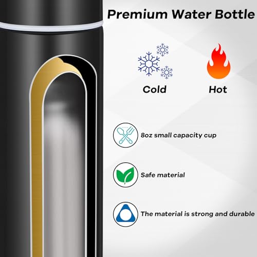 Dandat 3 Pieces Slim Insulated Water Bottle Skinny Water Bottles for Backpacks Small Mini Stainless Steel Tumbler Cup for Coffee Travel, Leakproof, 8 Oz, Black