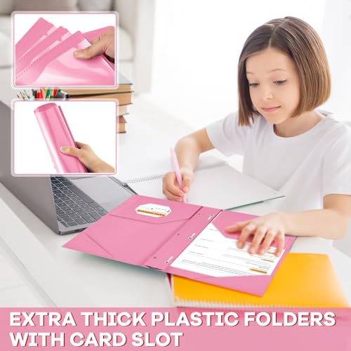 Henoyso 48 Pcs Plastic Folder with Clear Front Pocket and 3 Prongs Heavy Duty Plastic Folders with Card Slot Pocket Folders with Prongs for School Office Home(Pink) - color: Pink