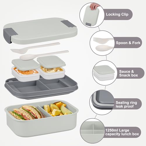 Large Bento Lunch Box Set for Adults Kids Women with 10.5oz Soup Thermo,Coffee Tumblers Men Girls Boys Teenagers Leak-Proof Lunch Food Containers with Lunch Bag - color: Gray
