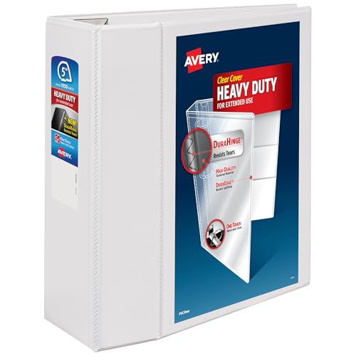 Avery Heavy-Duty View 3 Ring Binder, 5 Inch One Touch EZD Rings, 1,050-Sheet Capacity, 2.3/4.8 Inch Wide Spine, Customizable Clear Cover and Spine, 1 White Binder (79106) - size: 5"