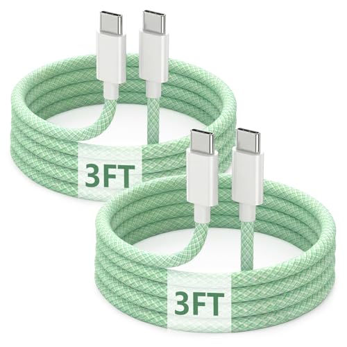 USB C to C Charger Cable, 60W, 3FT, 2-Pack, Green | Fast Charging, Braided Nylon, for iPhone 17/16/15, MacBook iPad, Galaxy S25/S24 - color: Green, size: 3FT+3FT