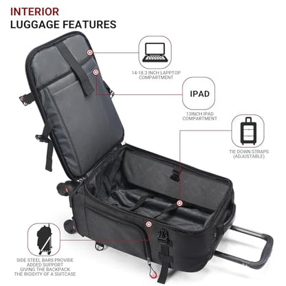 Rolling Backpack with Wheels – Airline Approved Underseat Carry-On Luggage 18x14x8, Water-Resistant Personal Item Bag with 2 Extra Replacement Wheels, Fits 15.6 Inch Laptop, Travel Backpack for Men
