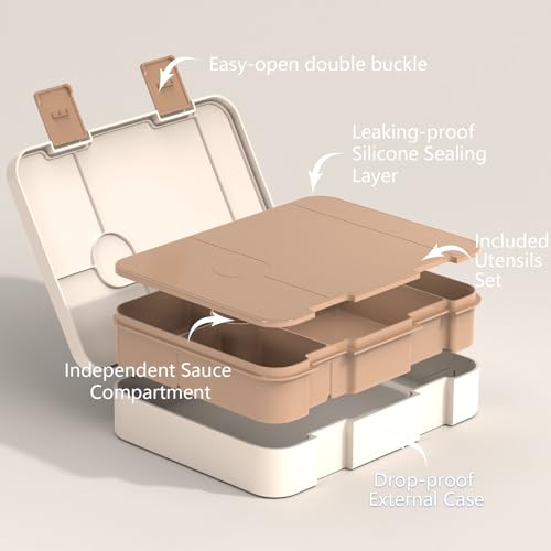 ACESAK Girls Backpack - Bento Box with Insulated Lunch Bag Pencil Case & Utensils Set for Kids, 6 Leakproof Compartments Removable Tray Lunches or Snack Container for School (Khaki Beige) - color: Khaki Beige