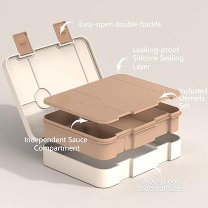 ACESAK Girls Backpack - Bento Box with Insulated Lunch Bag Pencil Case & Utensils Set for Kids, 6 Leakproof Compartments Removable Tray Lunches or Snack Container for School (Khaki Beige) - color: Khaki Beige