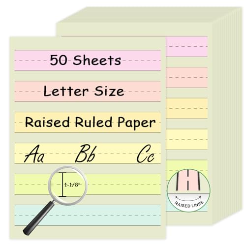 Handwriting Paper Kindergarten Wide Ruled 1-1/8” Raised Lined Paper Primary Writing Pad 8.5 x 11 Inch Colored Spacing Papers Tactile for Kids Multi-Sensory Ruled Handwriting Tablet (50)