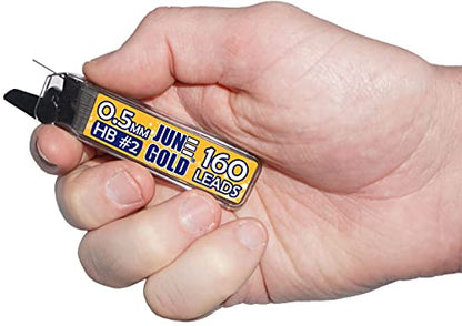 June Gold 0.5 mm, 640 Lead Refills, HB #2, 4 Dispensers/w 160 Pieces Each | Fine Thickness, Break Resistant Graphite, Elegant Dispensing Mechanism - color: Hb Graphite, style: 0.5 mm