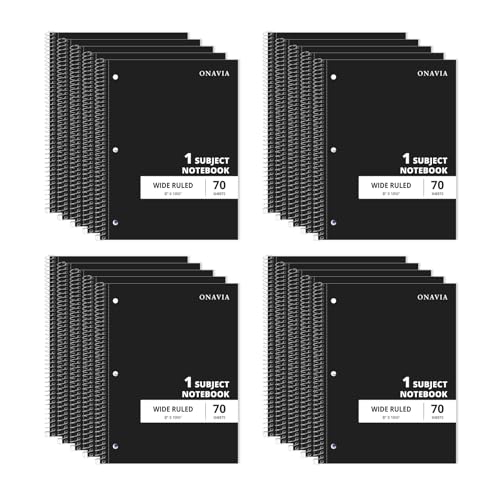 ONAVIA 1 Subject Spiral Notebook Wide Ruled, 140 Pages | 70 Sheets, 7.5 x 10.5 in, School Notebooks, Wide Ruled Paper, Students, Classroom, Homework - color: Black