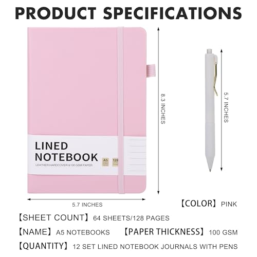 Aodaer 12 Set Lined Notebook Journals with Pens A5 Notebooks 100 GSM College Ruled Hardcover Notebook PU Leather Notepad with Pen Holder for Office School, 5.7 x 8.3 Inches, Pink - color: Pink