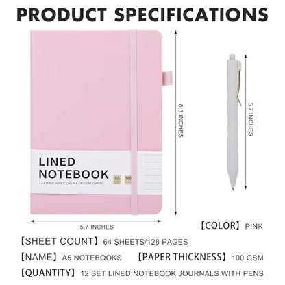Aodaer 12 Set Lined Notebook Journals with Pens A5 Notebooks 100 GSM College Ruled Hardcover Notebook PU Leather Notepad with Pen Holder for Office School, 5.7 x 8.3 Inches, Pink - color: Pink