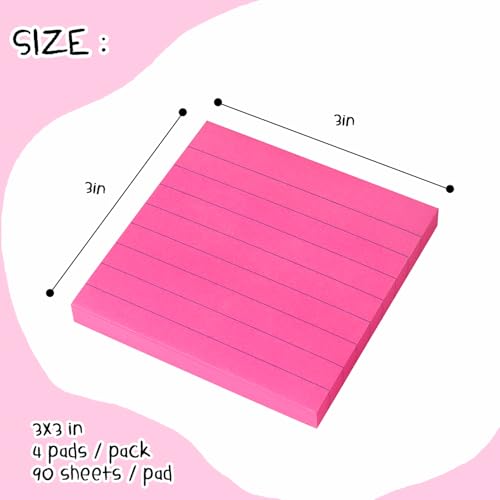 Lined Sticky Notes 3x3 in, Self-Adhesive, Bright, 4 Pads, 90 Sheets/Pad | Lined Surface for Neat and Organized Writing Strong Self-Stick Adhesive, Sticks Securely and Peels Cleanly - color: Bright