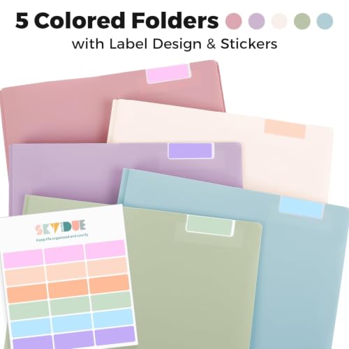 SKYDUE Folders with Pockets and 3 Prongs, 5 Pack Plastic Pastel Pocket Folders, 9.7" x 11.5", Muted - color: Muted