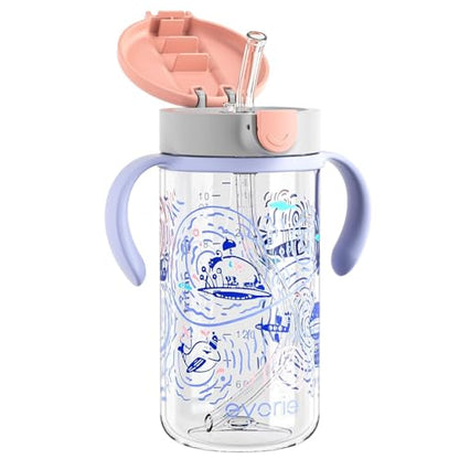 Evorie Tritan Spill Proof Toddler Straw Sippy Cup, 10 oz for Baby and Toddlers 1-3 Years Old, No Spill Straw Water Bottle with Removable Handles, Ideal for School, BPA-Free, Travel in Space - color: Travel in Space