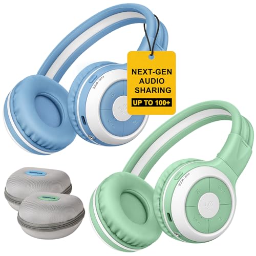 SIMOLIO Manyshare Kids Wireless Headphones with Case & Mic, Audio Sharing | 2 Pack, Wireless Audio Sharing for Group Listening, Auracast-Enabled Headphones, Foldable Over-Ear Design for Music/Travel - color: Blue+Green