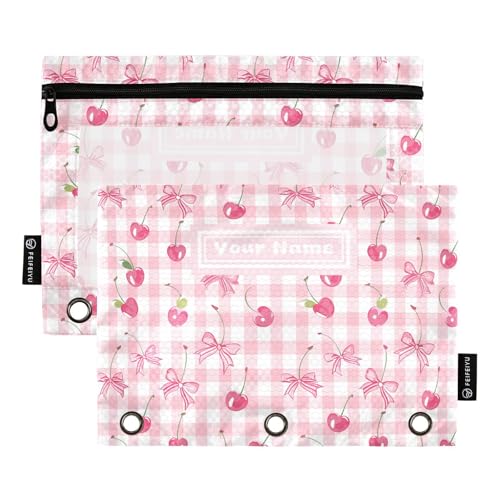 Custom Binder Pencil Pouches Personalized Bow and Cherry Pen Case | Clear Window 3 Rings, Cosmetic Bags School Office Supplies Cosmetic Makeup Bag 2 Psc - color: Custom-pink Bows