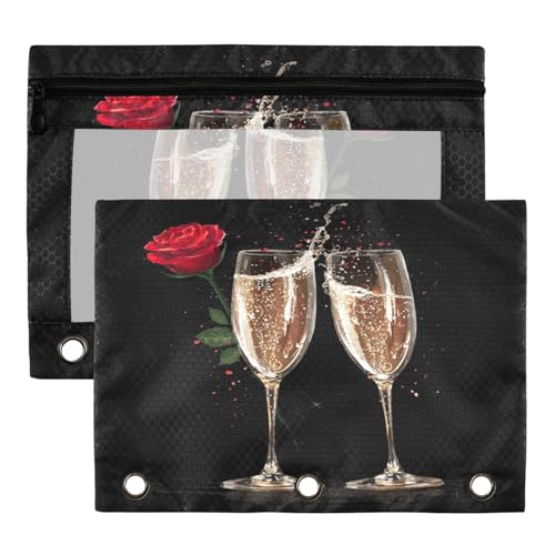 Studying 2 Pack Couple Champagne A Red Rose 3 Ring Binder Pencil Pouch Bags,Clear Window Storage Case with Zipper for Boys Girls School Office Supplies Cosmetics Organizers - color: Multi-champagne