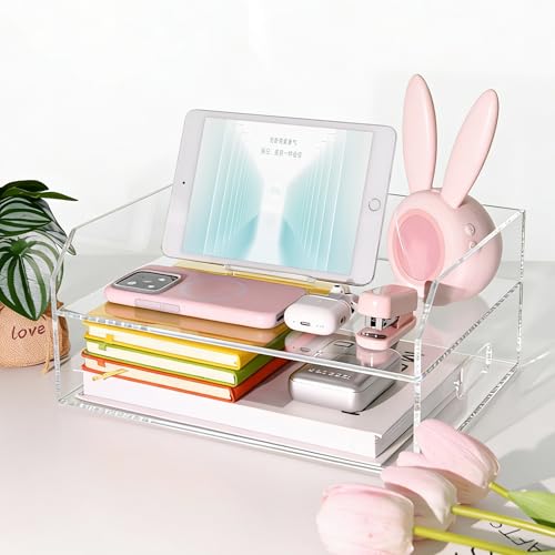 Paper Tray Organizer for Desk, 2 Tier Acrylic Desk Organizers and Accessories, One-Piece Integrated A4 Paper Organizer with Handles, Crystal-Clear Letter Tray & Compact Office File Holder - size: 2-Tier-Horizontal