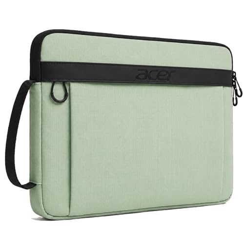 Acer Laptop Sleeve Case for 13.3-14 inch Laptops, Slim Protective Computer Sleeve with Hidden Zipper Pocket, Soft Plush Bubble Padding, Side Handle and Luggage Strap, Travel Laptop Bag, Green | Slim, Soft Bubble Padding, Extra Front Storage, Wrist Strap,
