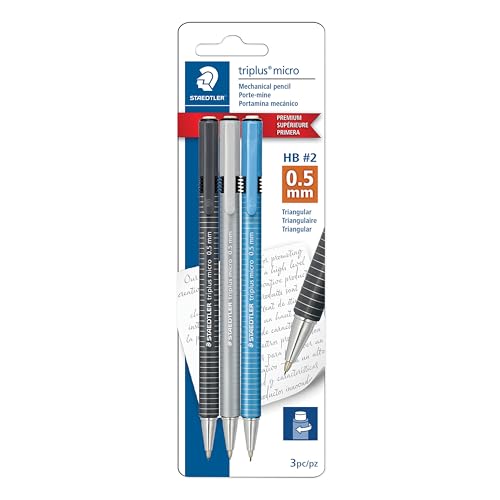 STAEDTLER triplus Micro 0.5mm Mechanical Pencils 3-pack: Retractable & Refillable #2 Mechanical Pencils with Twist Erasers, Ergonomic Triangular Grip for Writing, Drawing, Engineering & Drafting