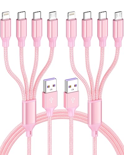 4ft 2 Pack 4 in 1 Multi Charging Cable, IP/Type C Port for iPhone/Android | Dual Type-C Universal Car Charger Cable, Nylon Braided Lightning Charging Cord, Micro USB Phone Charger Cord for Travel-Rose - color: Rose-4ft-2Pack