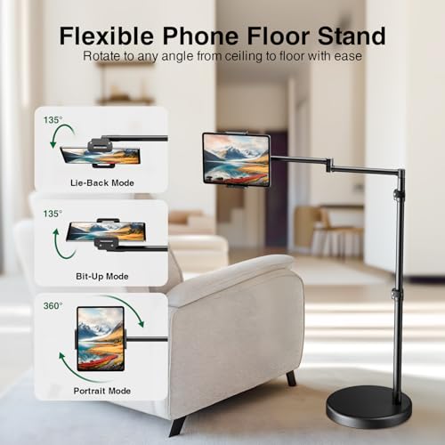 elitehood Heavy Duty Aluminum iPad Stand for Bed with Long Swivel Arm, Floor Tablet Holder for Bed Recliner Sofa, Adjustable iPad Floor Stand Holder, Fits Tablet, Kindle, iPhone and 4.7-13in Devices