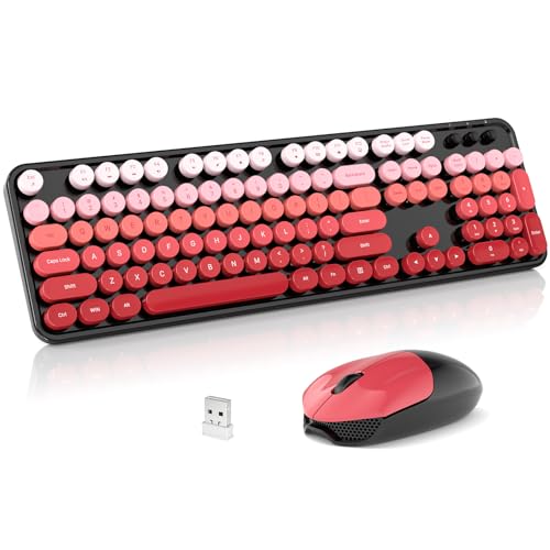 Wireless Keyboard and Mouse Combo, 2.4GHz Retro Full-Size Typewriter Keyboard with Number Pad and Wireless Mouse for PC/Laptop/Desktop/Windows (Black Red) - color: Black Red