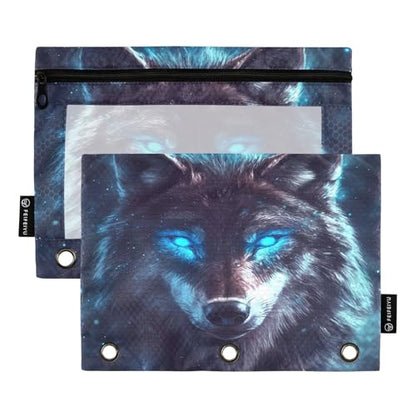 2 Pack Pencil Pouch for 3 Ring Binder Wolf Pencil Case Pouch with Clear Window Zipper Binder Pencil Pouches Pen Bag for Office School Supplies - color: Wolf