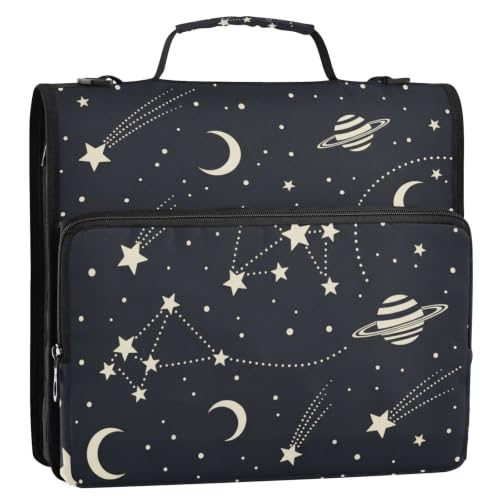 Stars Moon 3 Ring Zipper Binder Bag with Shoulder Strap for School | 2 Inch 3 Ring, Secure Zippered Closure, Organizer Pockets for Classification, Heavy Duty File Organizer - color: Stars Moon Black