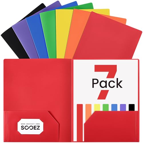 Sooez 7 Pack Folders with Pockets, 2 Pocket Folders with Extra Labels, Plastic Folder with Pockets, Heavy Duty File Folder Bulk, School Business Office Filing Supplies - color: Rainbow Colors