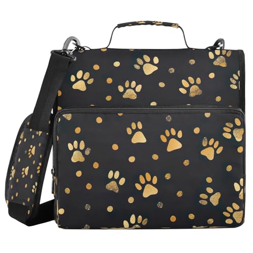 Gold Paw Prints Zipper Binder 3 Ring with Shoulder Strap and Handle Multiple Pockets Expanding File Folder Organizer