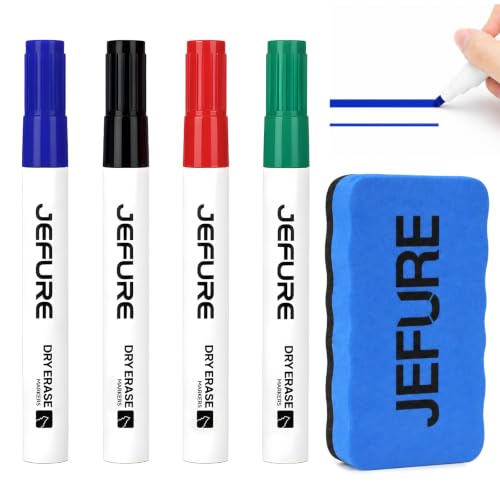 Low Odor Dry Erase Markers Kit, Chisel Tip Whiteboard Markers 4 Count with 1 Magnetic Eraser, Assorted Colors for Calendar, School, Classroom, Teacher Office Supplies - size: 1 Count (Pack of 4)