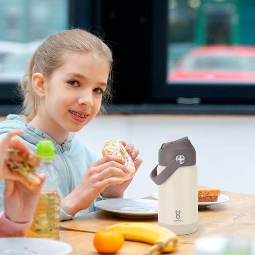 Kids Insulated Water Bottle with Straw Lid & Silicone Handle,12oz Kids Leak Proof Water Bottle for School Boys Girls,Double Wall Vacuum Stainless Steel with Non-slip Silicone Base(Beige) - color: Beige, size: 12 Ounces