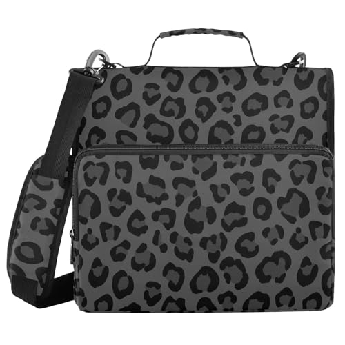 Leopard Gray Black Pattern 3 Ring Zipper Binder with Shoulder Strap & Handle 1.5 Inch D-Ring Zippered Bag with Pencil Pouch,Expanding File Folder, Binder Organizer for School or Office - color: Leopard Gray Black
