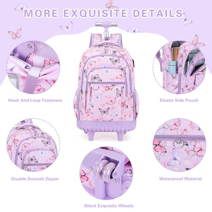 DIGOBAY Rolling Backpack for Girls, Cute Girls Backpack with Wheels, Kids Wheeled backpacks Set with Lunch Bag Pencil Case for Teen Girl, Roller School Bag with Wheels for Elementary Middle School - color: Butterfly