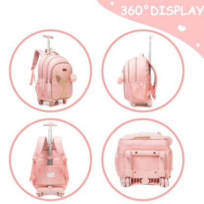 Rolling Backpack for Kids 8-12 Girls Rolling Backpack Kids Trolley School Bag with Wheels Travel Backpacks Carry on Luggage for Girls with Lunch Box Pencil Case - color: Mermaid Pink