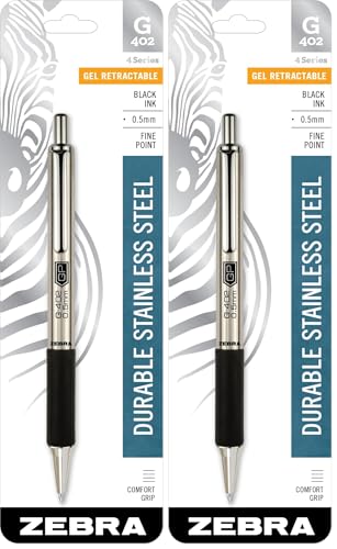 Zebra Pen G-402 Retractable Gel Pen, Stainless Steel Barrel, Fine Point, 0.5mm, Black Ink, 2-Pack - color: 블랙 a, size: 1 Count (Pack of 2)