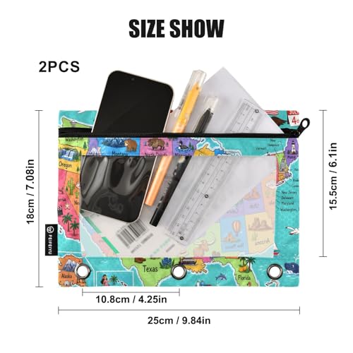 United States Map Pencil Pouch for 3 Ring Binder, 2 Pack Zipper Pencil Pouches with Clear Window Pencil Bag Case Office School Supplies - color: Multi62