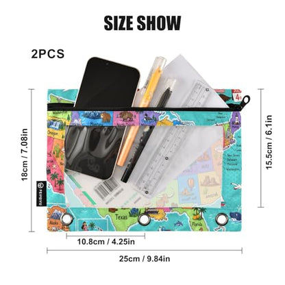 United States Map Pencil Pouch for 3 Ring Binder, 2 Pack Zipper Pencil Pouches with Clear Window Pencil Bag Case Office School Supplies - color: Multi62