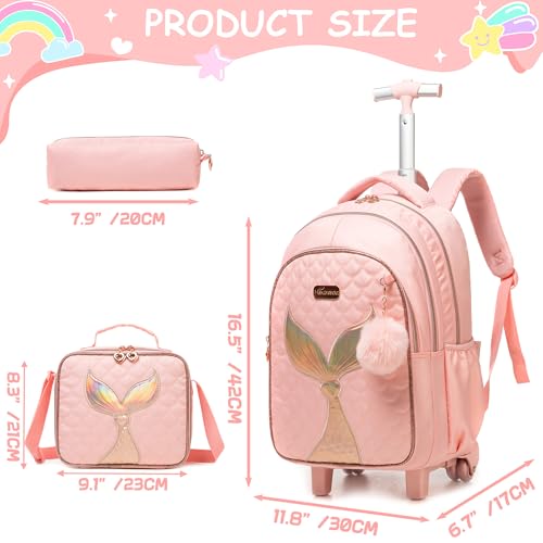 Rolling Backpack for Kids 8-12 Girls Rolling Backpack Kids Trolley School Bag with Wheels Travel Backpacks Carry on Luggage for Girls with Lunch Box Pencil Case - color: Mermaid Pink