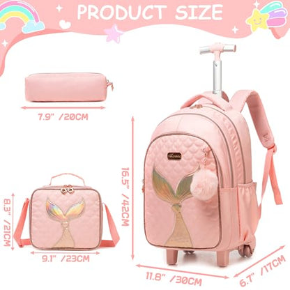 Rolling Backpack for Kids 8-12 Girls Rolling Backpack Kids Trolley School Bag with Wheels Travel Backpacks Carry on Luggage for Girls with Lunch Box Pencil Case - color: Mermaid Pink