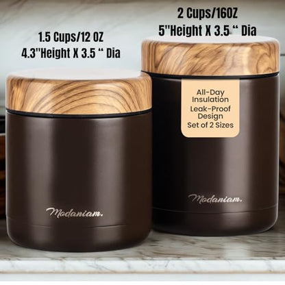 Stainless Steel Insulated Food Jar Set of 2 (16oz + 12oz) | Wide Mouth | Soup Thermo for Hot Food Lunch Container | Thermal LunchBox | Insulated Soup Bowl | Hot and Cold Lunch Box for Adults | Mocha - color: Mocha Brown