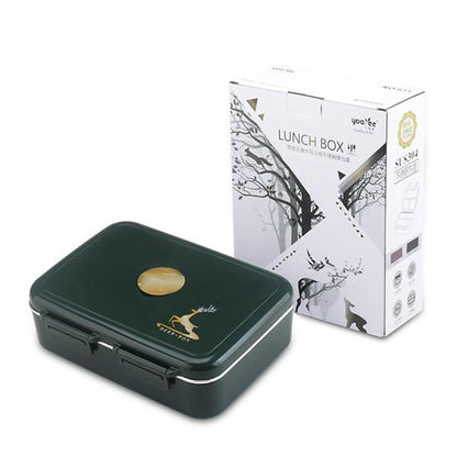Stainless Steel Bento Box with Vacuum-Seal Valve (Leak-Proof) – 3-Compartment Medium Lunch Container (8.8" x 6.9") – Easy-Open Air Vent, Removable Tray & Spoon (Green)