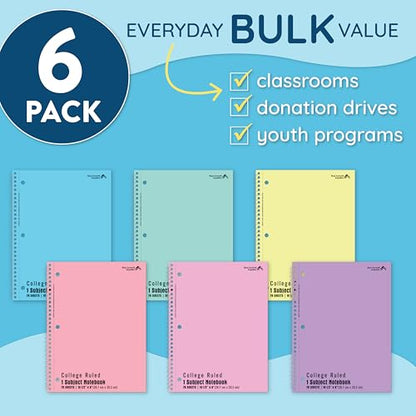 Blue Summit Pastel Spiral Notebook College Ruled, One Subject School Notebooks Spiral, Perforated Notebooks Bulk, 8 x 10.5 School Book, Paper, College Ruled, 6 Pack - size: 6 Pack