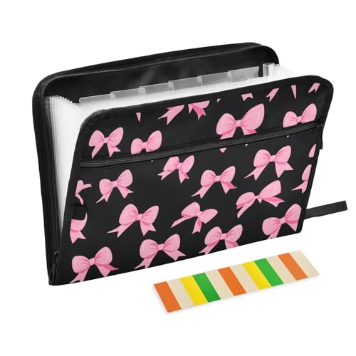 Expanding File Folder Pink Bow Black N Accordion File Organizer 13 Pockets Document Organizer with Zipper Labels A4 Letter Office Storage - color: Multi26