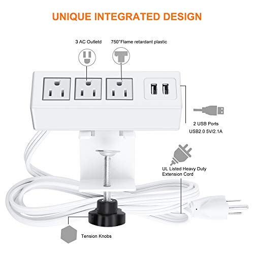 3 Outlet Desk Clamp Power Strip, Desktop Power Strip with USB Ports, Desk Mount USB Charging Power Station, on Desk Edge Power Outlet 125V 12A 1500W, 10 FT Desk Outlet Strip. (White) - color: White, size: 10FT